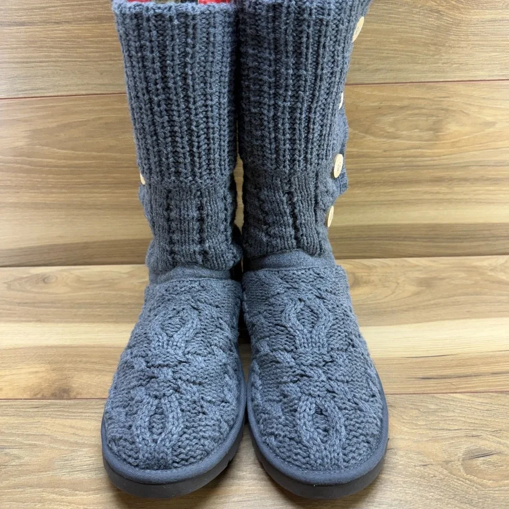 UGG Lattice Cardy Swear Knit Boots Womens 9 Gray Brown Button Cozy Cottagecore